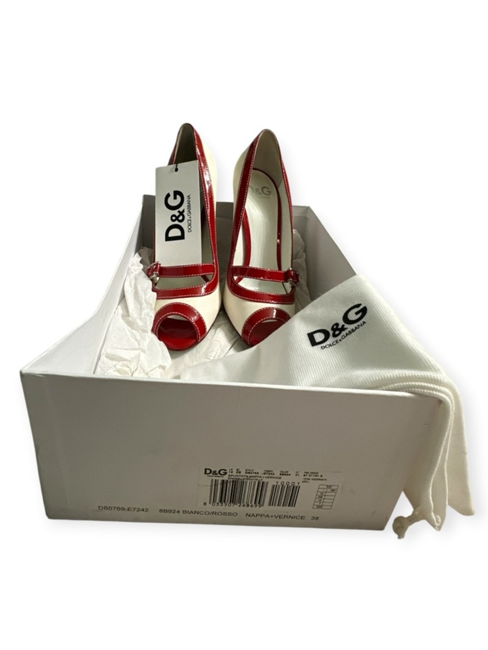 NWT D&G Dolce & Gabbana Bianco Rosso Leather Mary Jane Peep Toe Pumps 38/US 8